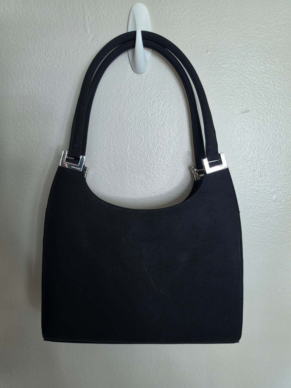 Vintage Nine West Black Satin Hand Bag Silver Hardware Y2K 2000s Purse
